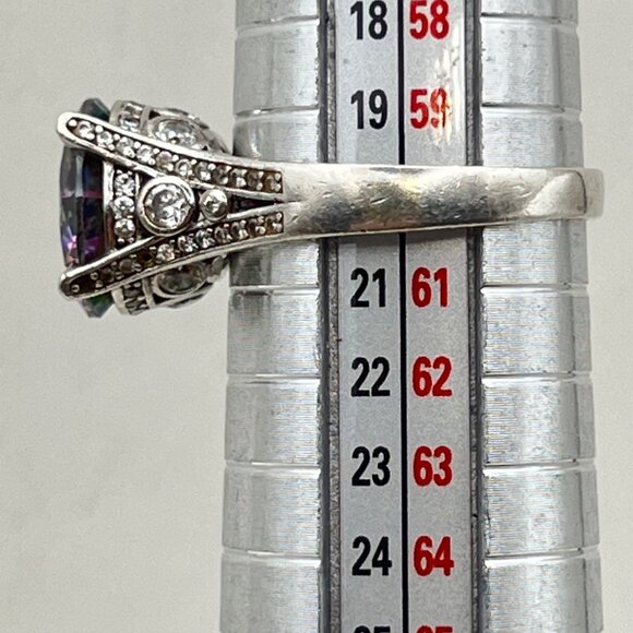 Sterling Silver Mystic Topaz Ring Sz 9 Rainbow 12mm Stone CZ Accents Art Deco - Picture 10 of 13